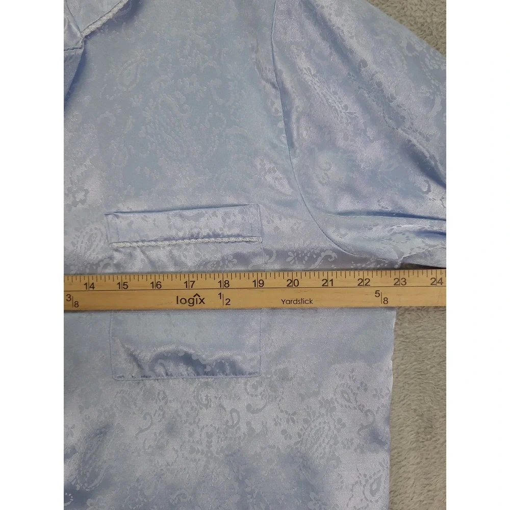 Vintage Character Womens Pajama Set Medium Light Blue Paisley Satin Button Down